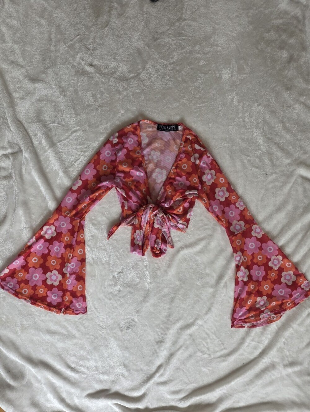FOR G&PL Retro 70s Floral Print Mesh Tie-Front Crop Top Extra Wide Bell Sleeve